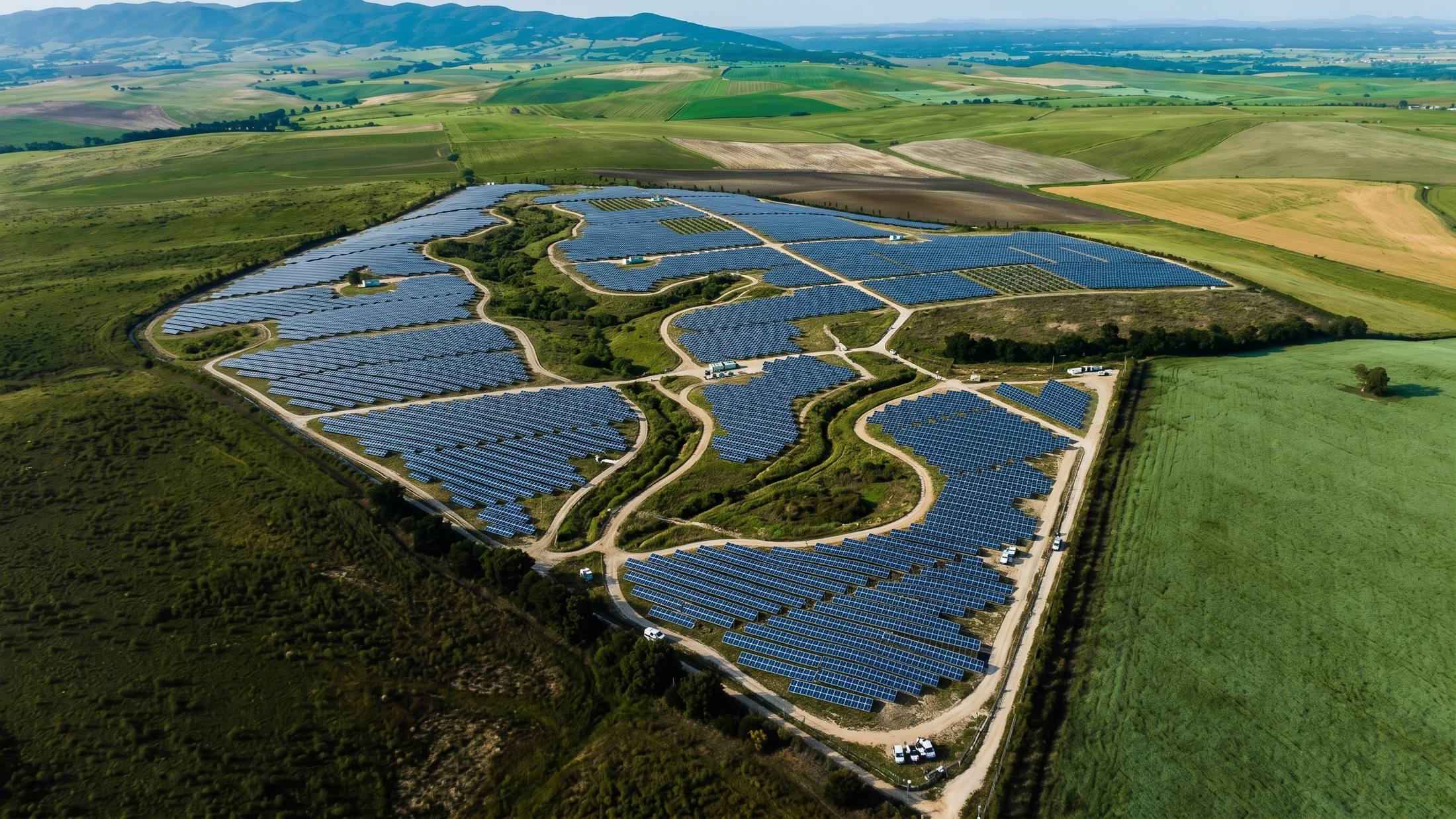 Aerial drone view of a ground-mounted solar PV plant
